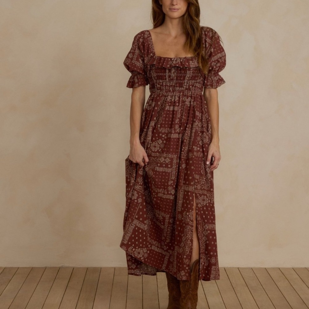 Rylee + Cru Birdie Dress in Brick Bandana Paisley Small